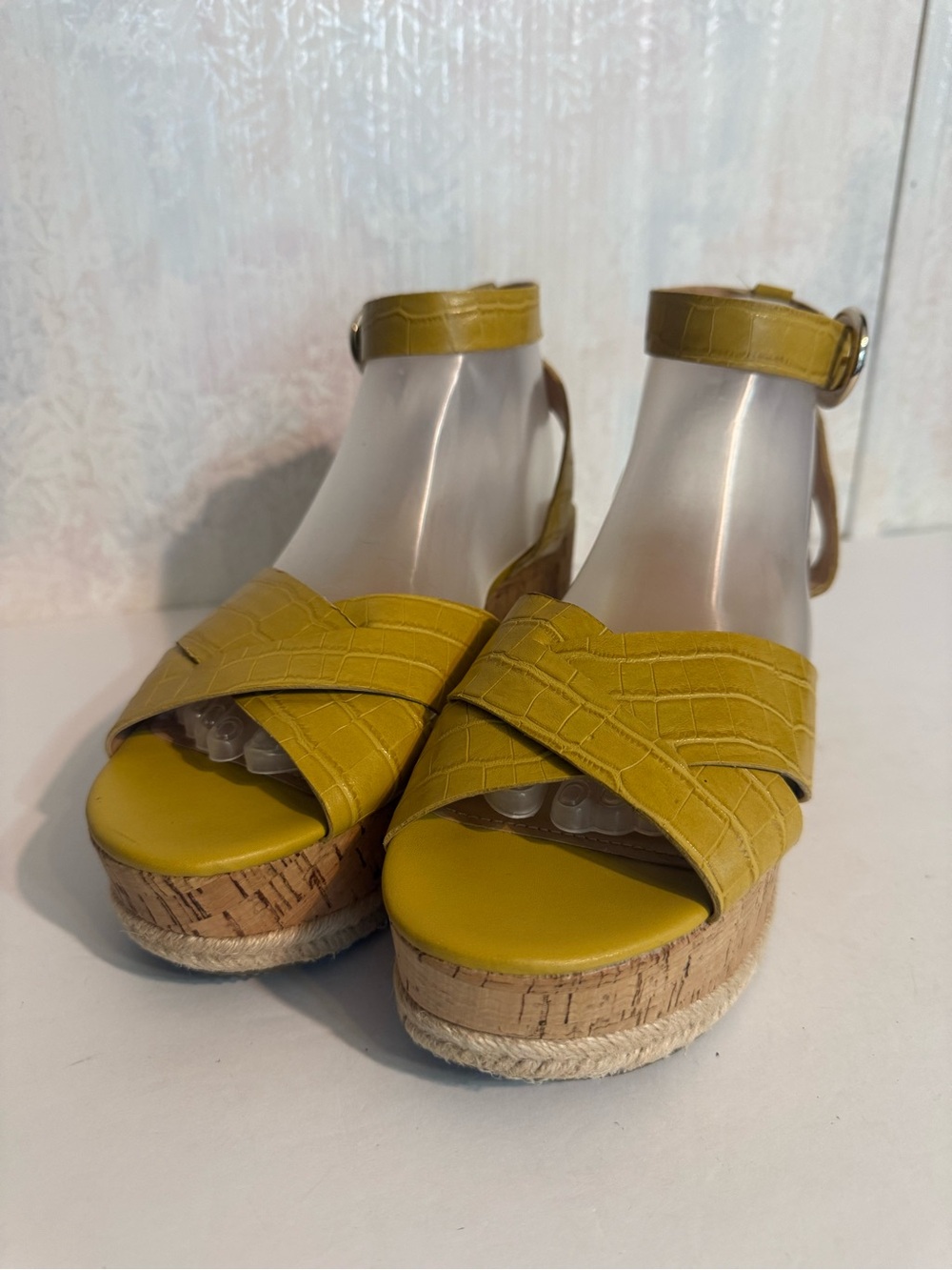 Marc Fisher Mustard Yellow Faux Croc Embossed Leather Cork Platform Wedge Sandal